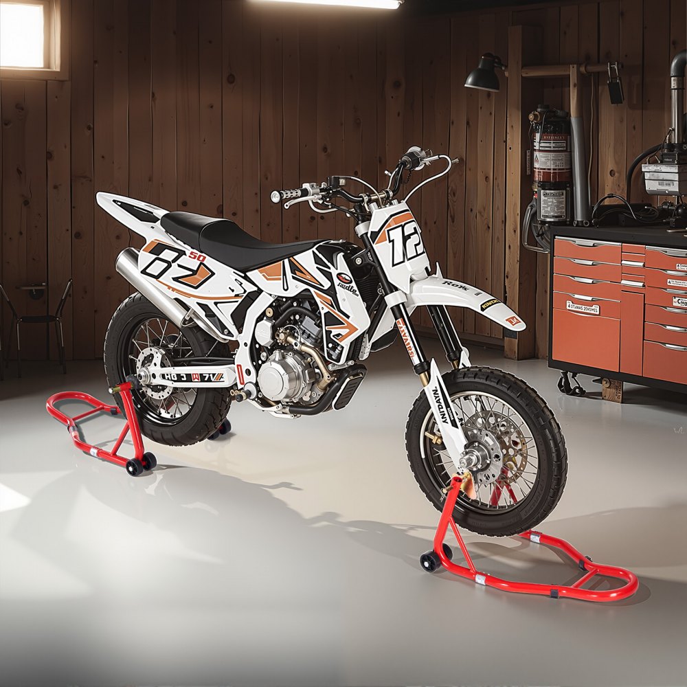 VEVOR Motorradständer (385 kg belastbar) vorne und hinten Doppelgabelständer, hinterer U+L-Gabel-Schwingarm-Spulenständer, für die meisten Motorräder von Yamaha Honda Kawasaki Suzuki, rot