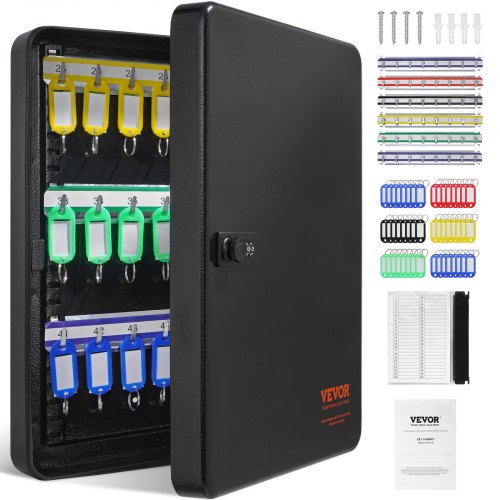 VEVOR Schlüsselschrank Schlüsselkasten 48 Schlüssel, Schwarz Schlüsselbox Schlüsseltresor Einstellbar, Abschließbarer Schlüsselschrank mit 6 x Schlüsselhaltern, 2 x Schlüsseln & 1 x Karteikarte