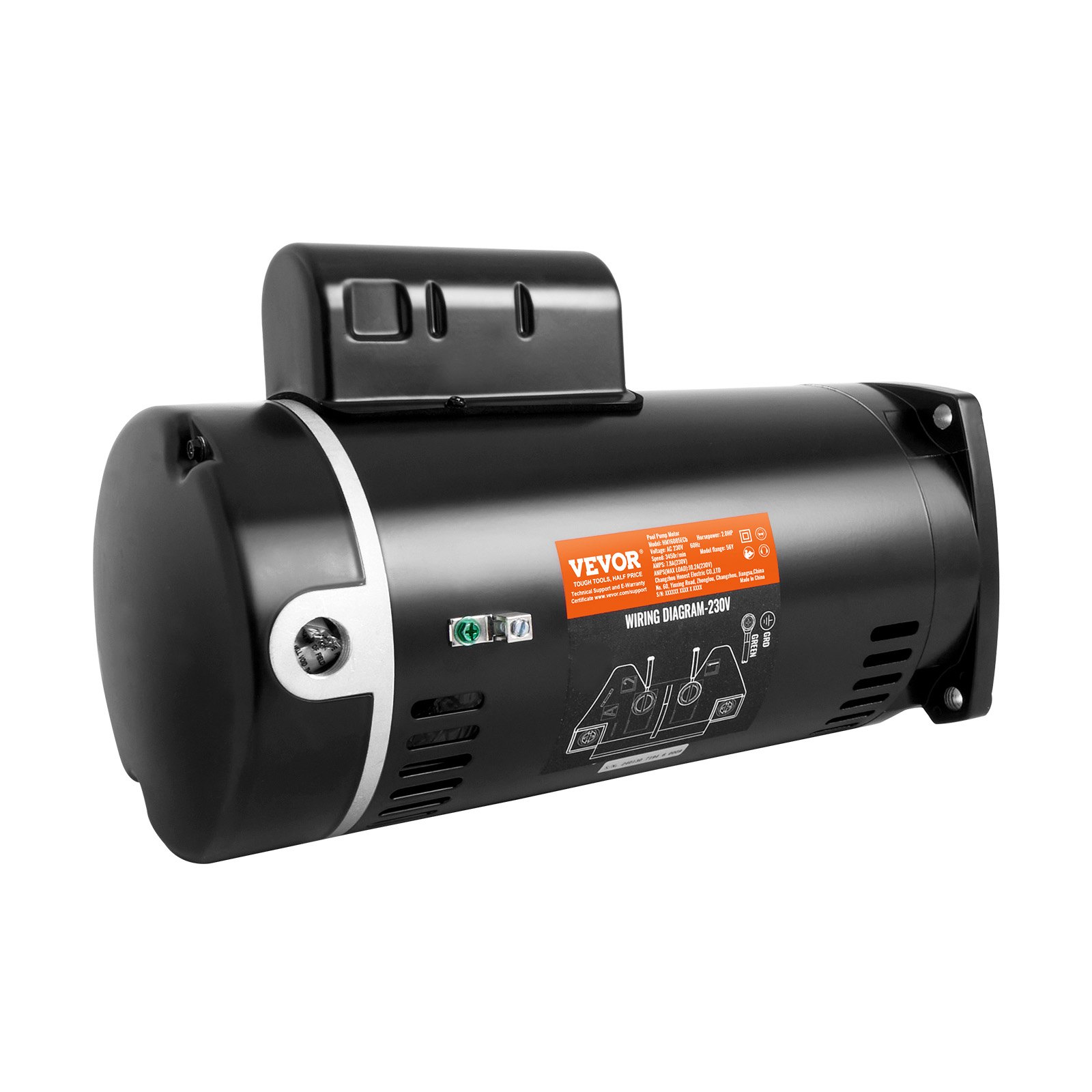 VEVOR 2 PS Pool-Pumpenmotor, 56Y Rahmen, 230V (7,8 Ampere) 3450 U/min, 60Hz, 1,3 Betriebsfaktor, 50μF/250V Kondensator, Linksdrehung Vierkantflansch Ersatzmotor