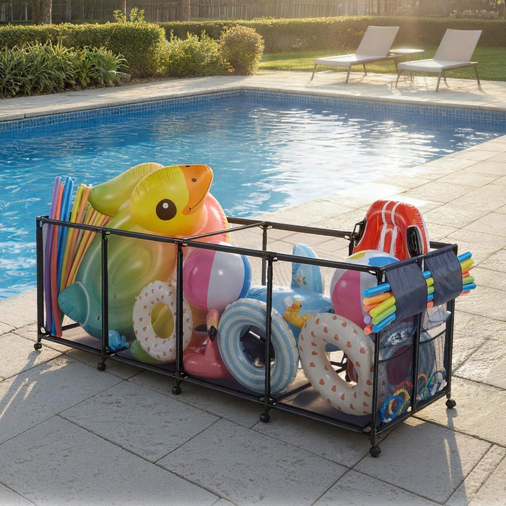 VEVOR Pool Aufbewahrungsbehälter 2620x815x890 mm, Organizer mit Seitentaschen, Metallrahmen, Netzkorb, Aufbewahrungsbox, Organisationskorb, Aufbewahrungskorb, Aufbewahrungswagen für Poolspielzeug