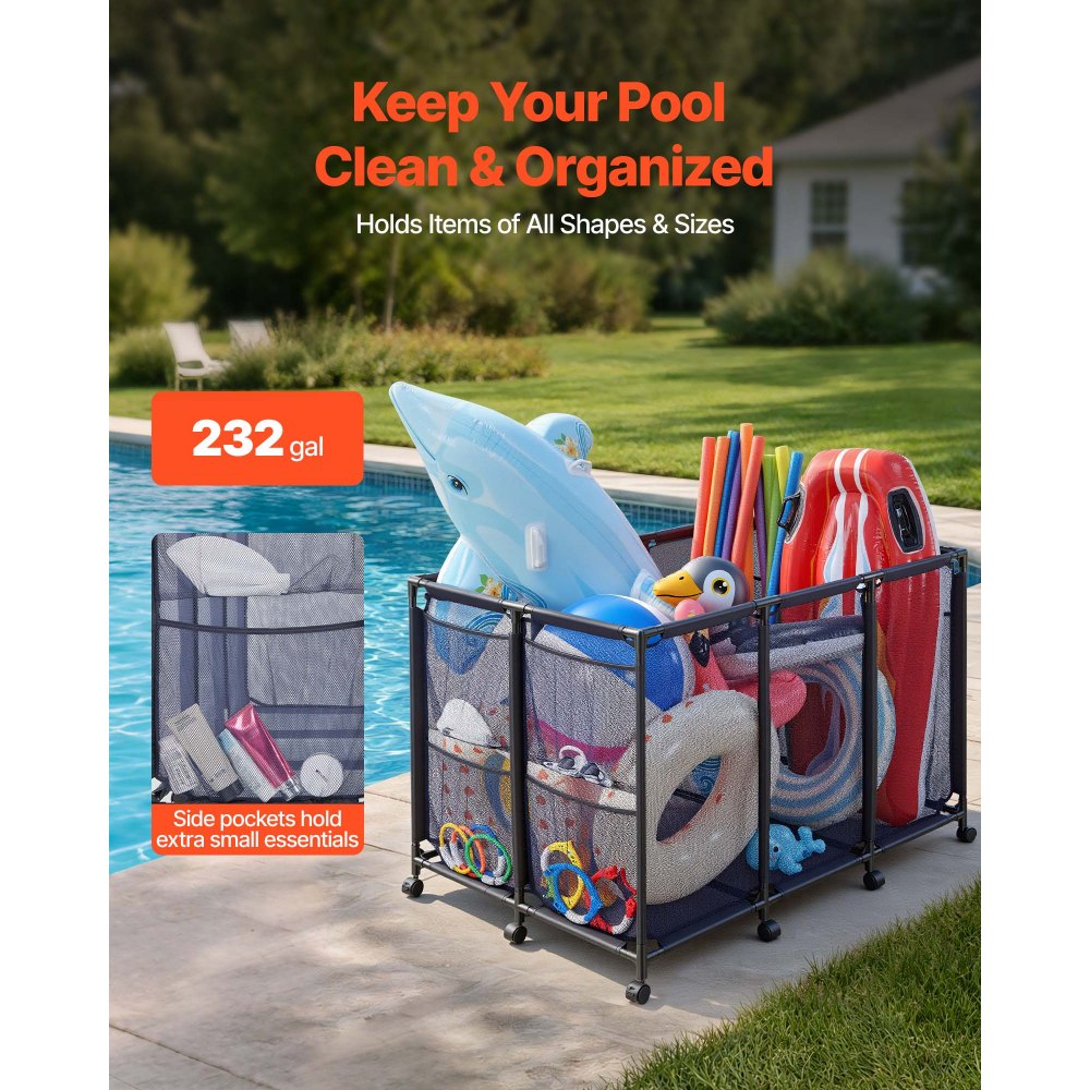 VEVOR Pool-Aufbewahrungsbehälter, 125x84x84 cm, Aufbewahrungsbox, Aufbewahrungswagen, Organizer mit Seitentaschen & Rollen, Robustem Metallrahmen, Netzkorb für Poolspielzeug