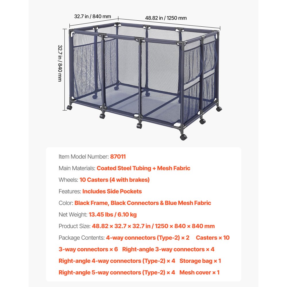 VEVOR Pool-Aufbewahrungsbehälter, 125x84x84 cm, Aufbewahrungsbox, Aufbewahrungswagen, Organizer mit Seitentaschen & Rollen, Robustem Metallrahmen, Netzkorb für Poolspielzeug