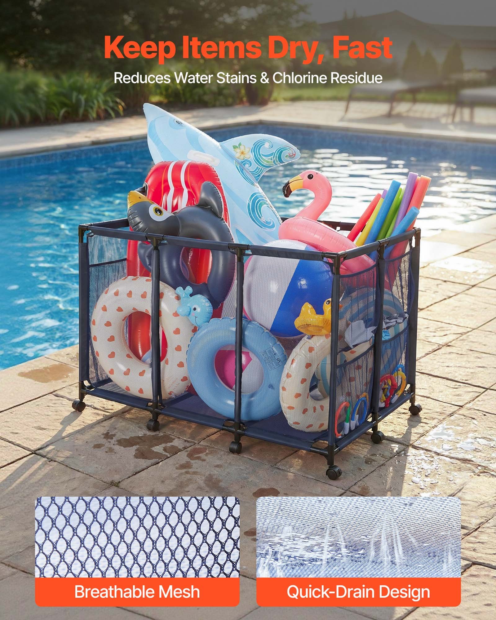 VEVOR Pool-Aufbewahrungsbehälter, 125x84x84 cm, Aufbewahrungsbox, Aufbewahrungswagen, Organizer mit Seitentaschen & Rollen, Robustem Metallrahmen, Netzkorb für Poolspielzeug