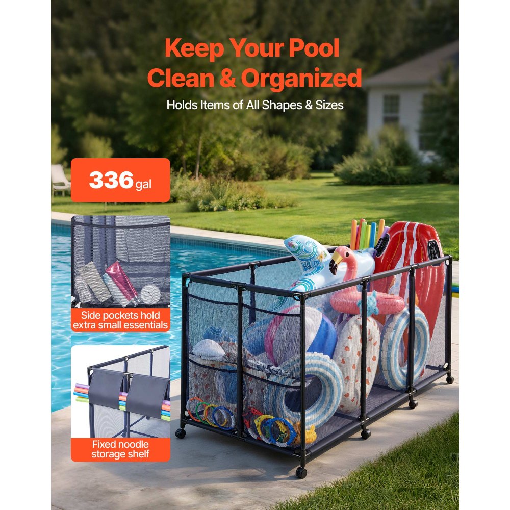 VEVOR Pool Storage Bin, 175.5 x 81.5 x 89 cm, Rolling Pool Float Storage Organizer with Side Pockets & Noodles Holder, Durable Metal Frame, Poolside Toys Breathable Mesh Basket for Swimming Pools
