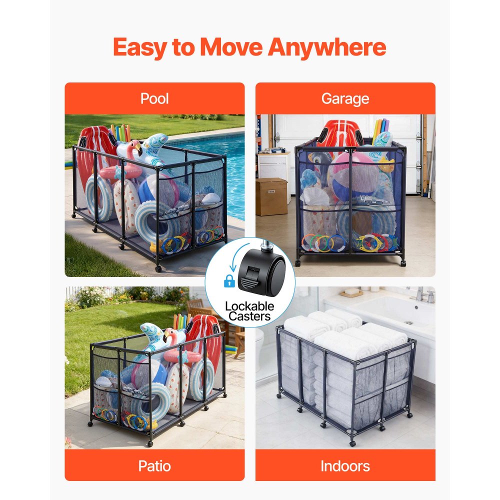 VEVOR Pool Storage Bin, 175.5 x 81.5 x 89 cm, Rolling Pool Float Storage Organizer with Side Pockets & Noodles Holder, Durable Metal Frame, Poolside Toys Breathable Mesh Basket for Swimming Pools