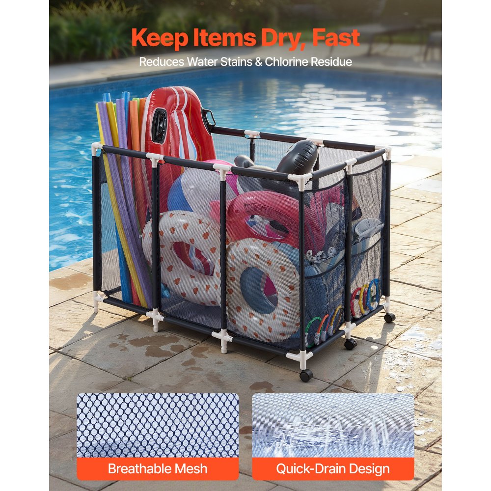 VEVOR Pool-Aufbewahrungsbehälter 120 x 77 x 86,5 cm, Aufbewahrungsbox für Pools mit 3 Rollen, Netz-Organizer mit Kunststoffrahmen & Seitentaschen, Organisationskorb für Pool-Nudeln Schwimmausrüstung