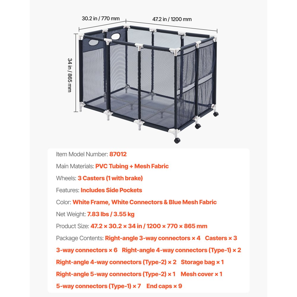 VEVOR Pool-Aufbewahrungsbehälter 120 x 77 x 86,5 cm, Aufbewahrungsbox für Pools mit 3 Rollen, Netz-Organizer mit Kunststoffrahmen & Seitentaschen, Organisationskorb für Pool-Nudeln Schwimmausrüstung