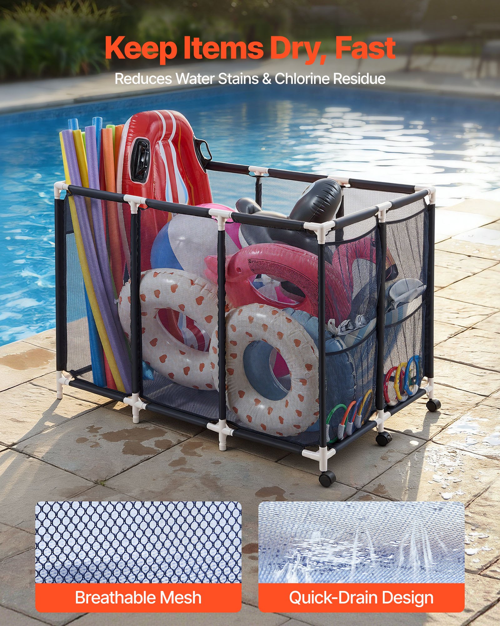 VEVOR Pool-Aufbewahrungsbehälter 120 x 77 x 86,5 cm, Aufbewahrungsbox für Pools mit 3 Rollen, Netz-Organizer mit Kunststoffrahmen & Seitentaschen, Organisationskorb für Pool-Nudeln Schwimmausrüstung