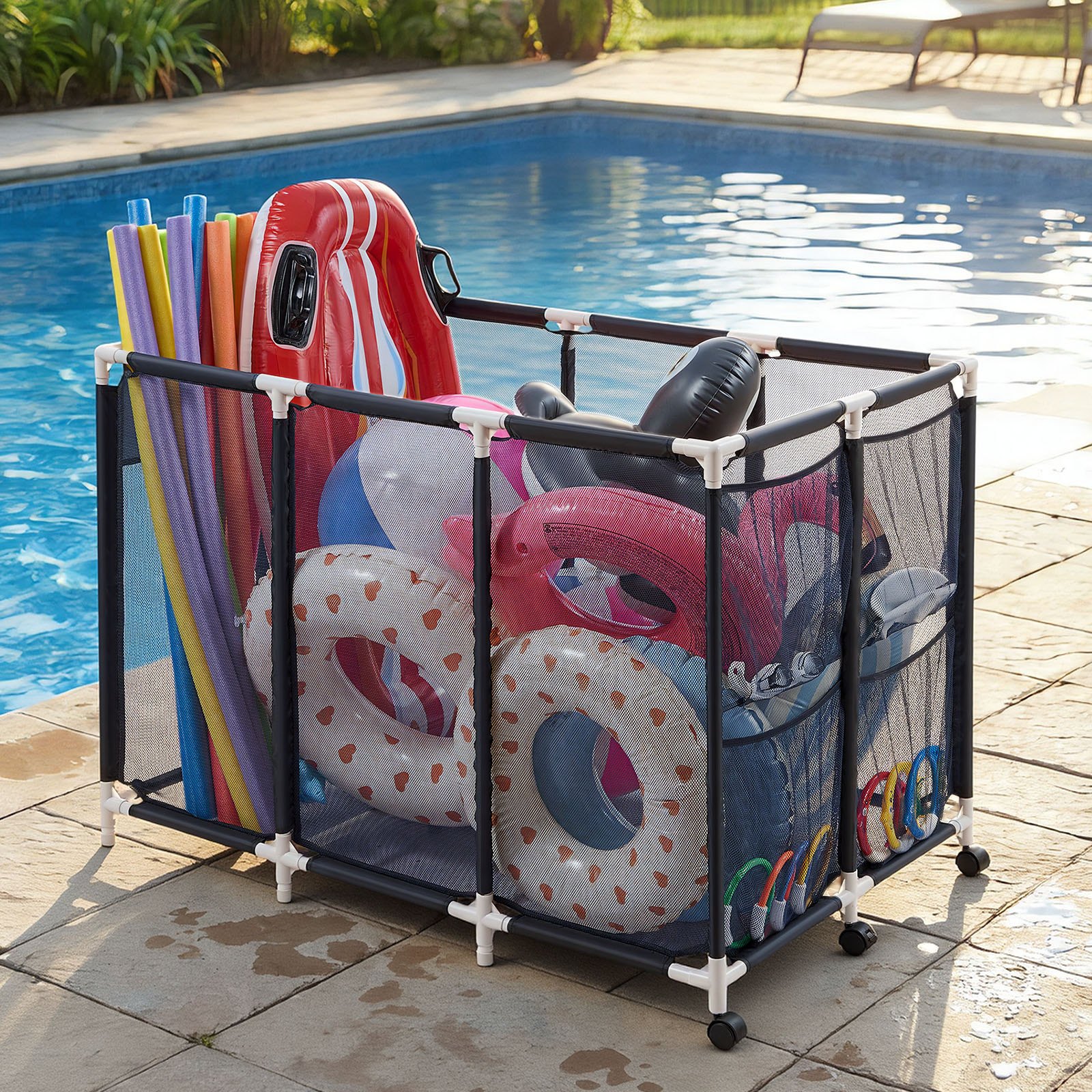 VEVOR Pool-Aufbewahrungsbehälter 120 x 77 x 86,5 cm, Aufbewahrungsbox für Pools mit 3 Rollen, Netz-Organizer mit Kunststoffrahmen & Seitentaschen, Organisationskorb für Pool-Nudeln Schwimmausrüstung