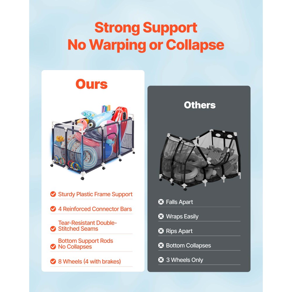 VEVOR Pool Storage Bin, 159 x 81.5 x 91.5 cm, Rolling Pool Float Storage Organizer with Side Pockets & Casters, Durable Plastic Frame, Poolside Toys Noodles Holder Mesh Basket for Swimming Pools