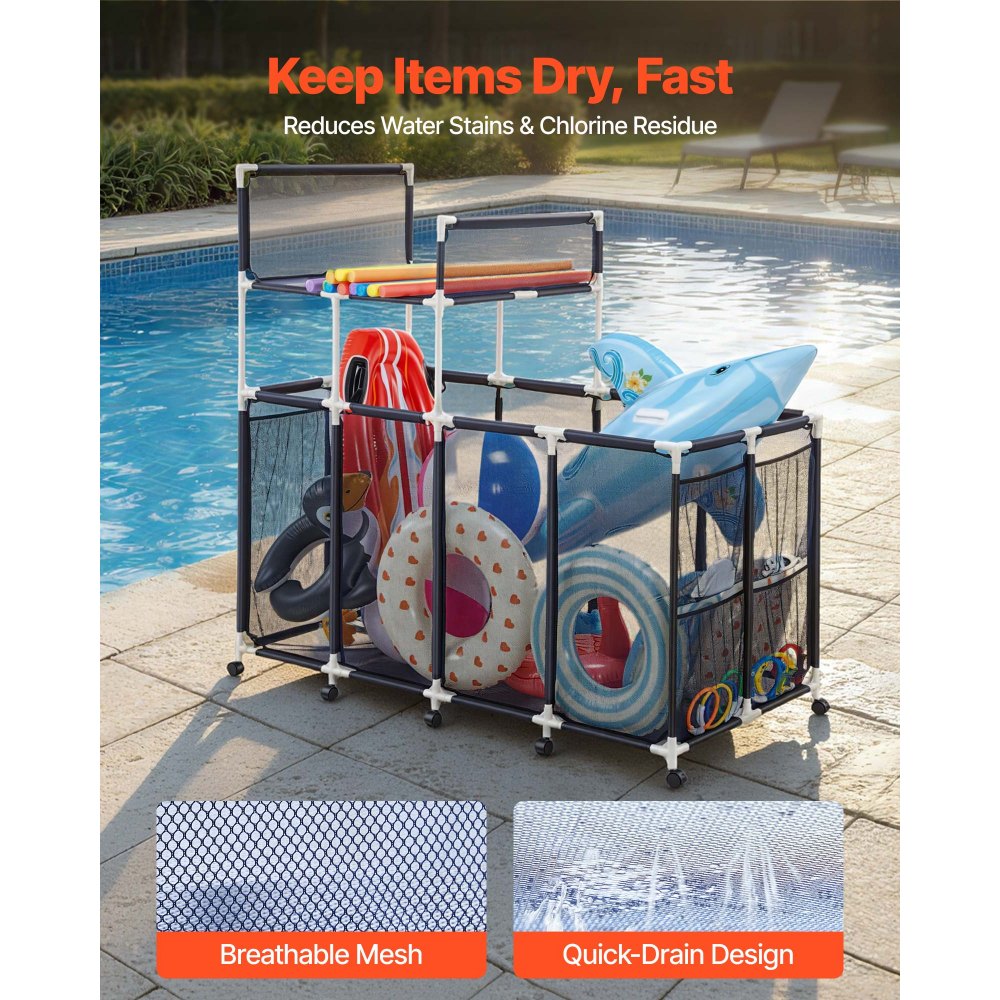 VEVOR Pool Aufbewahrungsbehälter 169x85x165 cm, Organizer mit Seitentaschen, PVC-Rahmen, Netzkorb, Aufbewahrungsbox, Organisationskorb, Aufbewahrungskorb, Aufbewahrungswagen für Poolspielzeug