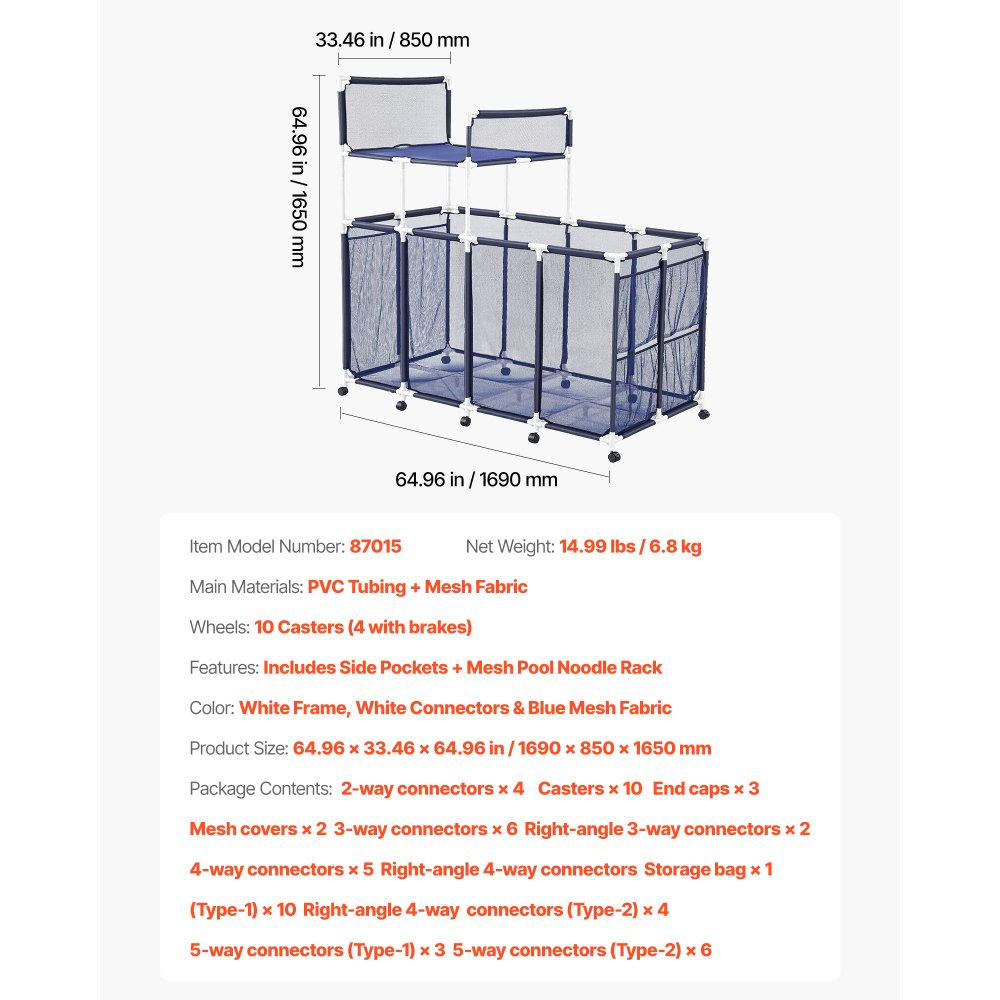VEVOR Pool Aufbewahrungsbehälter 169x85x165 cm, Organizer mit Seitentaschen, PVC-Rahmen, Netzkorb, Aufbewahrungsbox, Organisationskorb, Aufbewahrungskorb, Aufbewahrungswagen für Poolspielzeug