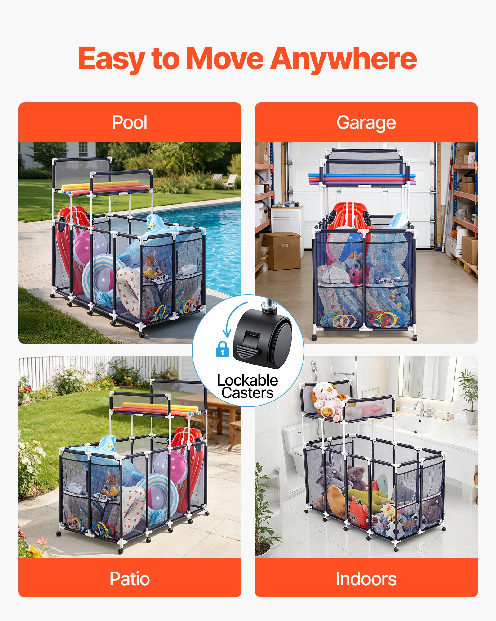 VEVOR Pool Aufbewahrungsbehälter 169x85x165 cm, Organizer mit Seitentaschen, PVC-Rahmen, Netzkorb, Aufbewahrungsbox, Organisationskorb, Aufbewahrungskorb, Aufbewahrungswagen für Poolspielzeug