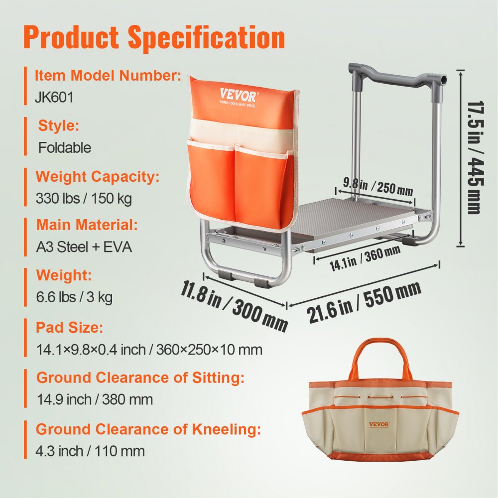 VEVOR Gartensitzkniebank Kniebank mit weichem Kniekissen für Gartenarbeit - Garten-Kniebank klappbar Gartenhocker bis 150 kg mit Werkzeugtaschen, Gartenstuhl zum Knien & Sitzen 550 x 300 x 445 mm