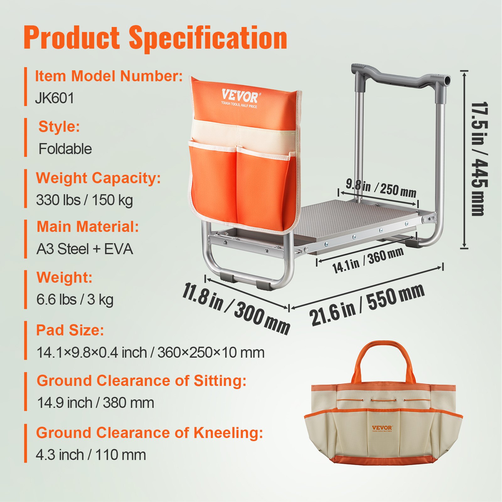VEVOR Gartensitzkniebank Kniebank mit weichem Kniekissen für Gartenarbeit - Garten-Kniebank klappbar Gartenhocker bis 150 kg mit Werkzeugtaschen, Gartenstuhl zum Knien & Sitzen 550 x 300 x 445 mm