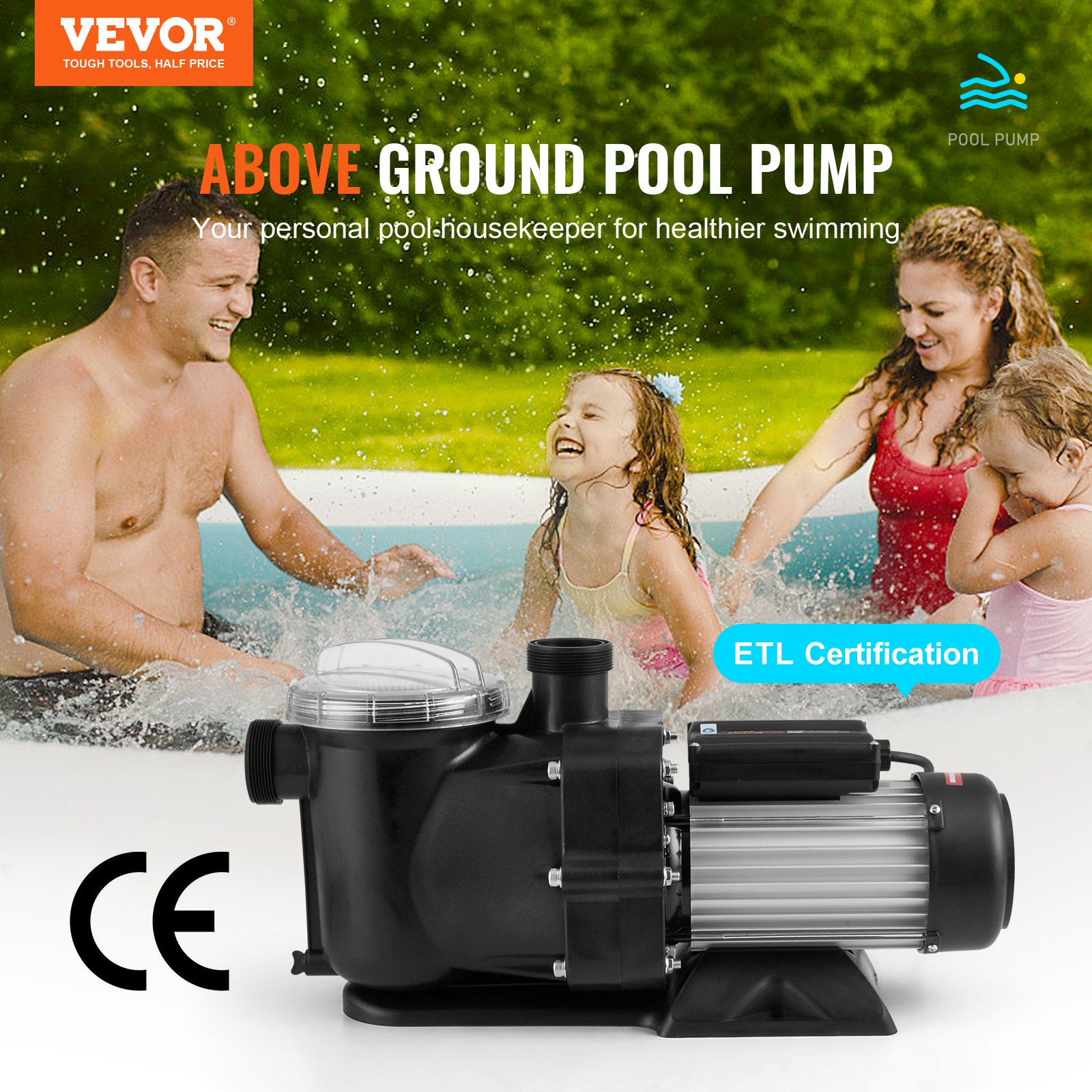 VEVOR Schwimmbadpumpe 1,5 PS, 100 GPM max. Durchfluss, Einzelgeschwindigkeits-Poolpumpe, 220 V, 2850 U/min, 15 m max. Förderhöhe, Filterpumpe mit Filterkorb, für Aufstellpools, Whirlpools, Spas
