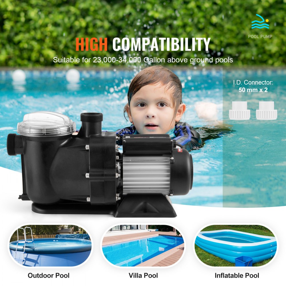 VEVOR Schwimmbadpumpe, 2 PS, 115 GPM max. Durchfluss, Einzelgeschwindigkeits-Schwimmbadpumpe, 220 V, 2850 U/min, 15 m max. Förderhöhe, Poolpumpe mit Filterkorb, für Aufstellpools, Whirlpools, Spas