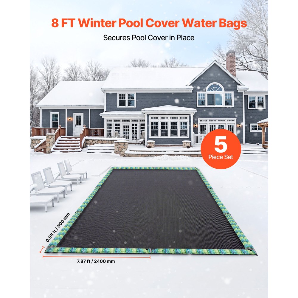 VEVOR Pool Beschwerungssack, 5er Pack à 240x30 cm, 0,3 mm dicke PVC-Wassersäcke mit Reflektorstreifen u. mit auslaufsicherem Schraubverschluss, zur Befestigung von Poolabdeckungen im Winter, grün