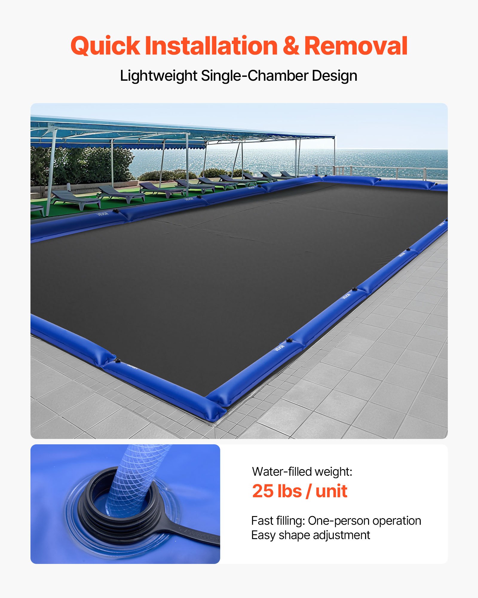 VEVOR Pool Beschwerungssack, 6 Packungen à 121 cm, 0,4 mm dicke PVC-Säcke mit Gewichten mit auslaufsicherem Schraubverschluss, Wassersäcke zur Befestigung von Poolabdeckungen im Winter, blau