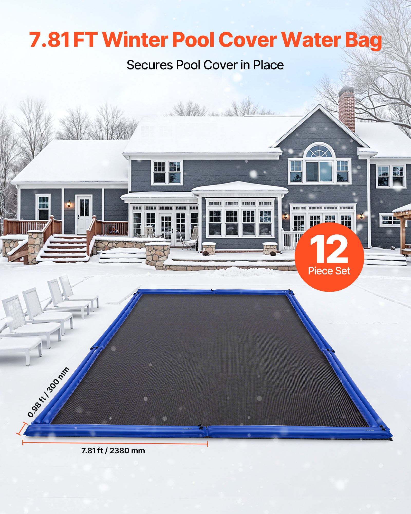 VEVOR Pool Beschwerungssack, 12 Packungen à 238 cm, 0,4 mm dicke PVC-Säcke mit Gewichten mit auslaufsicherem Schraubverschluss, Wassersäcke zur Befestigung von Poolabdeckungen im Winter, blau