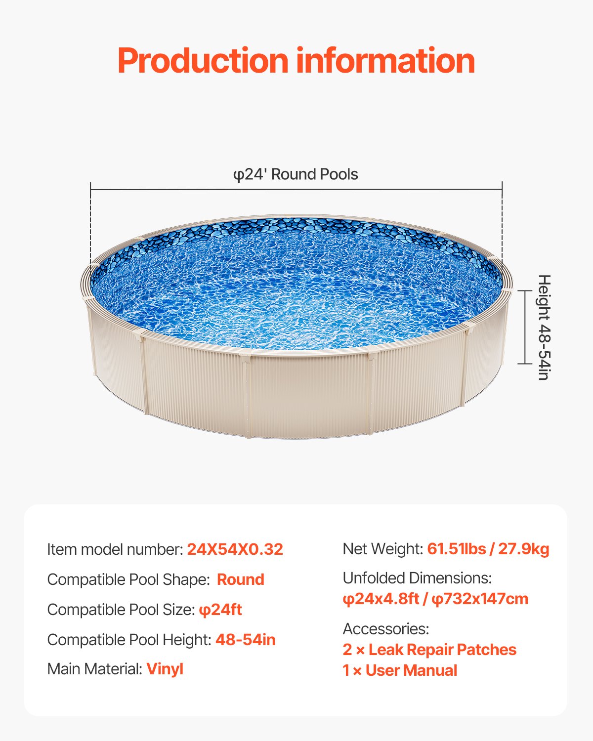 VEVOR Round Pool Liner, φ732x147 cm, Inner Liner, Replacement Liner, Pool Liner, Standard Thickness Overlap Style Vinyl Liner, Wear Resistant, for Above Ground Pools with 54 Inch Wall Height
