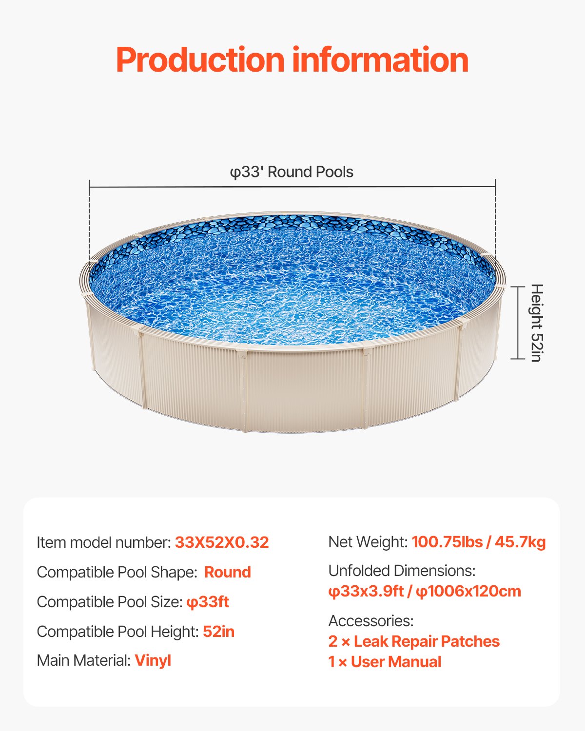 VEVOR Innenfolie Poolfolie Ersatzfolie Innenhülle Schwimmbadfolie φ1006x120cm