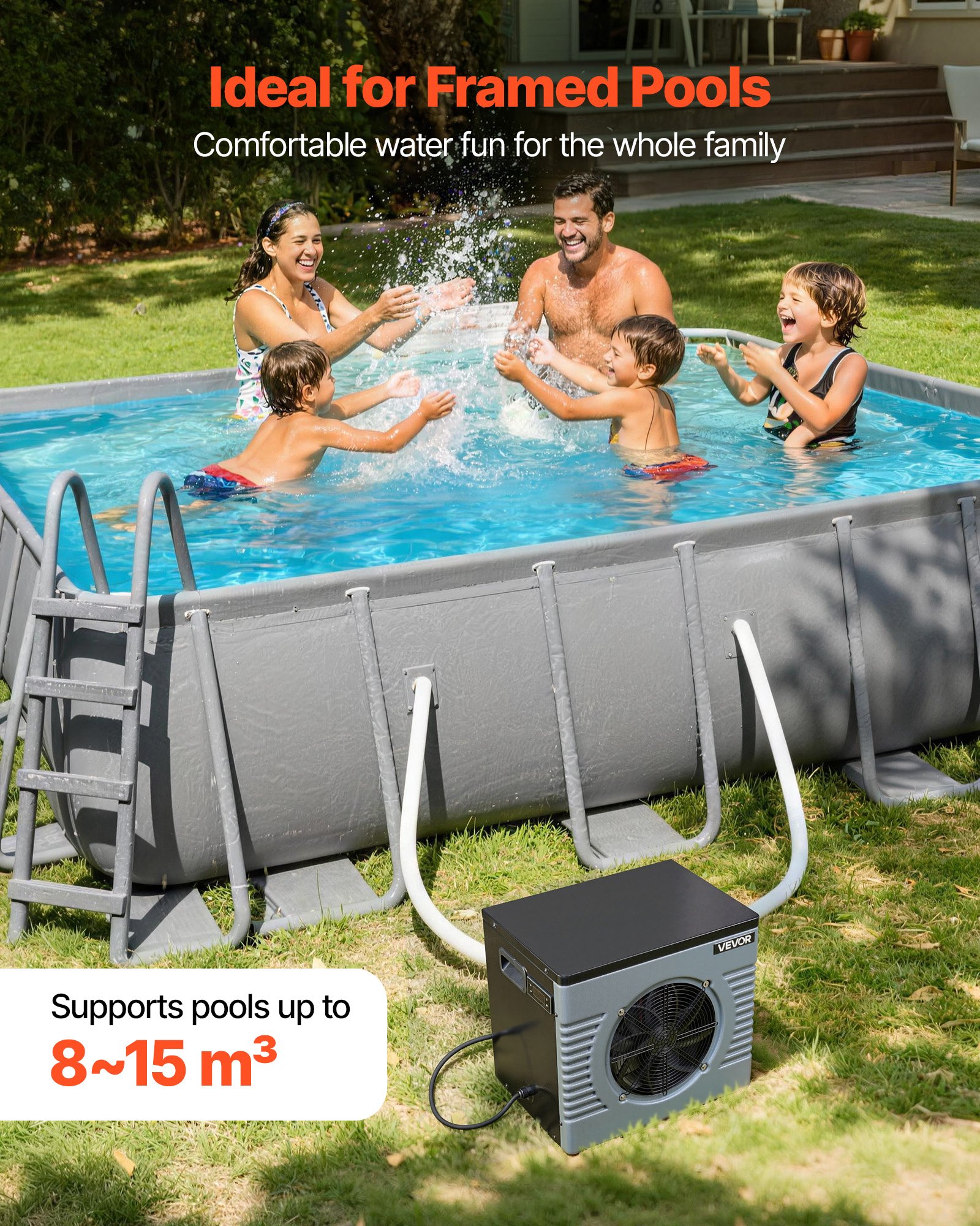 VEVOR Pool-Wärmepumpe 4160 W Nennleistung, Elektrische Poolheizung für Aufstellpools bis 15 m³, Max. COP 5,14, Geräuscharm, FI-Schutzschalter, Heiztemperatur 15–40 °C, Heiz- & Kühlmodus