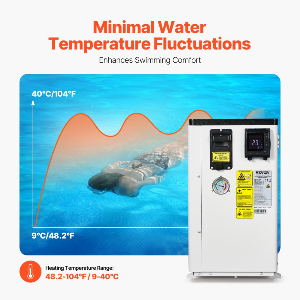 VEVOR Elektrische Pool-Wärmepumpe, 3,22–15,25kW Heizleistung, energiesparende Poolheizungen mit variabler Frequenz für 30–60m³ Aufstellpools, Heiz- und Kühlpool-Warmwasserbereiter AC 220–240V, 50Hz