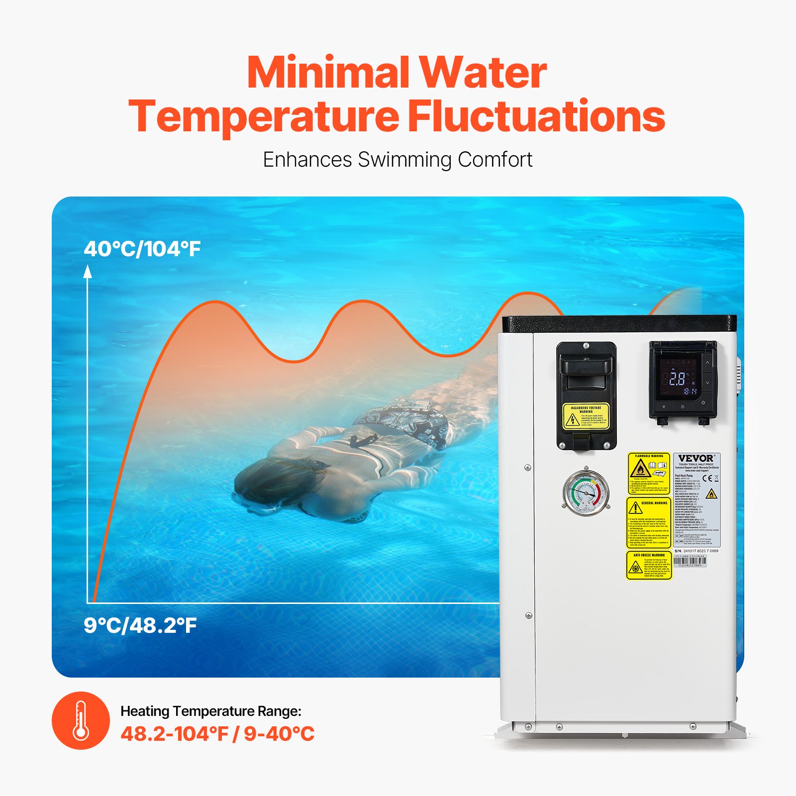 VEVOR Elektrische Pool-Wärmepumpe, 3,22–15,25kW Heizleistung, energiesparende Poolheizungen mit variabler Frequenz für 30–60m³ Aufstellpools, Heiz- und Kühlpool-Warmwasserbereiter AC 220–240V, 50Hz