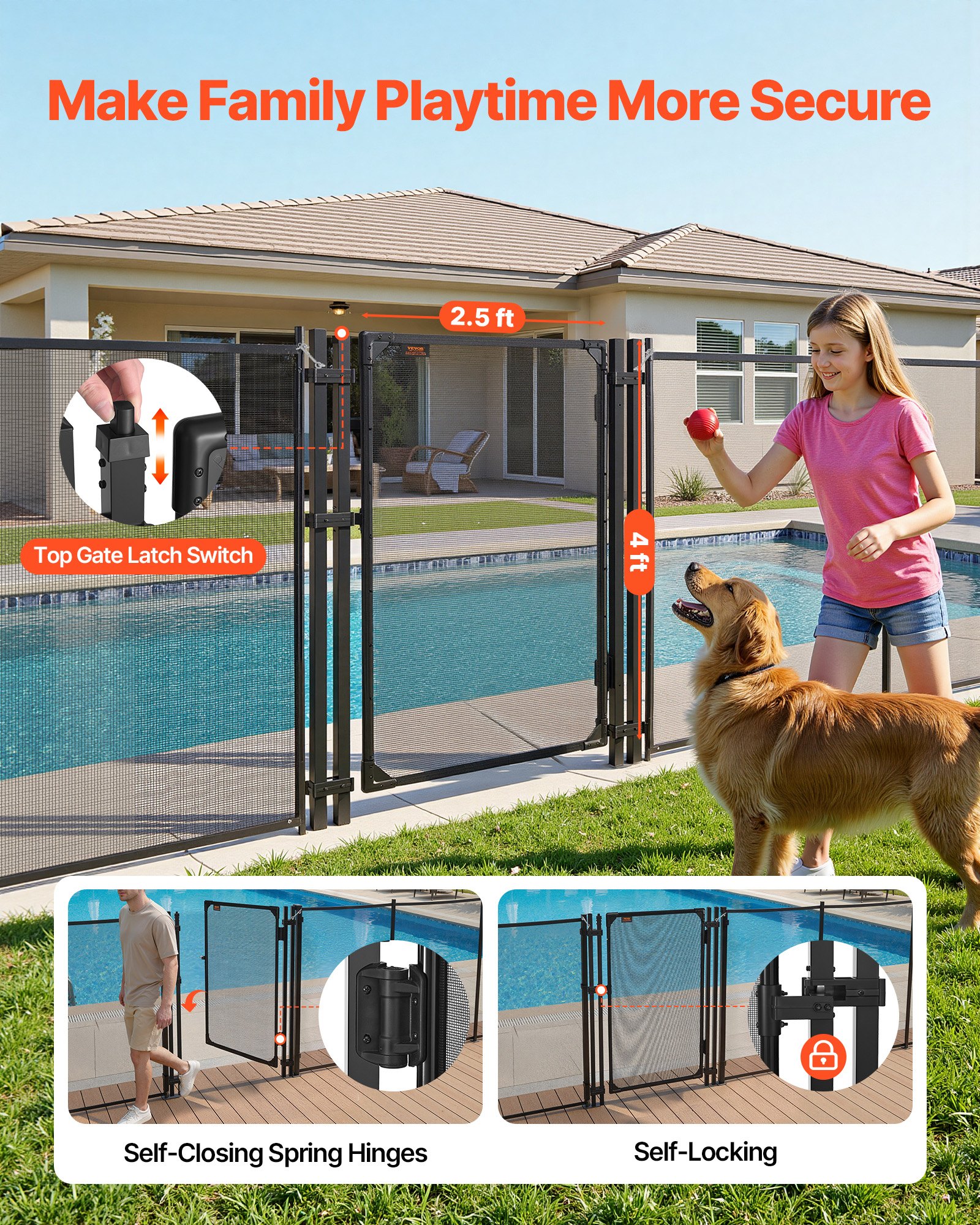 VEVOR Poolzaun Tor 1,2x0,75 m, Tür für Poolschutzzaun Kinderschutzzaun, Sicherheitstor-Set mit Selbstschließ- & Selbstverriegelungsfunktion, 352 g/m² Teslin-PVC-Gewebe, für Schwimmbecken, Schwarz