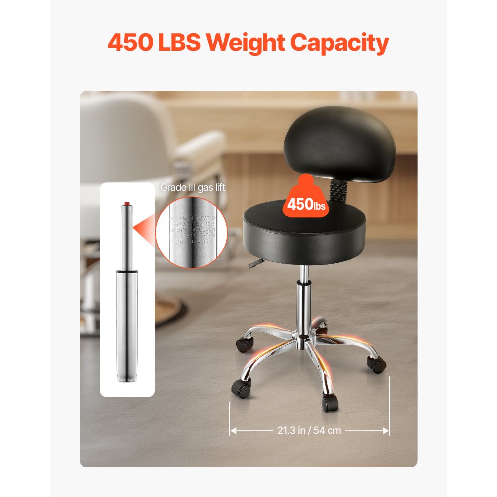 VEVOR Sattelhocker Rollhocker 204 kg belastbarer höhenverstellbarer (84-100 cm) Drehhocker Arbeitshocker mit Rückenlehne, PU-Leder-Drehsattelstuhl für Salon Spa Massage Klinik Schwarz