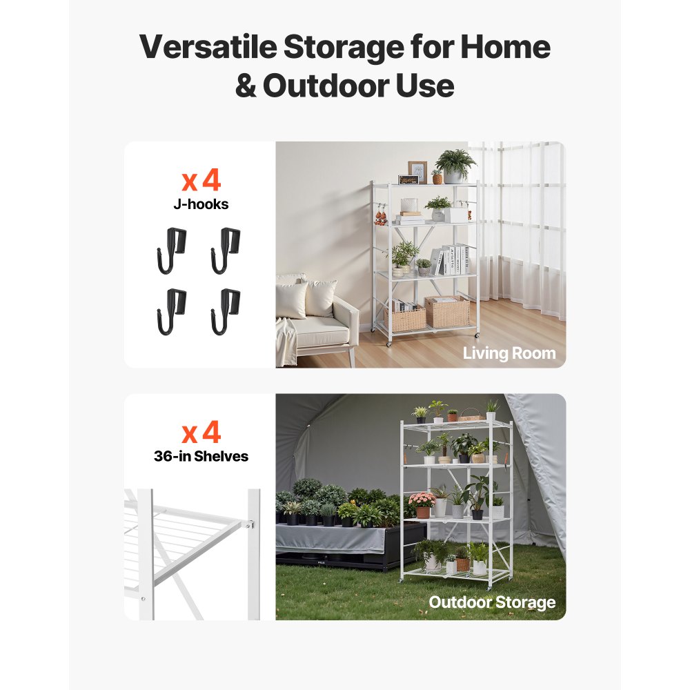 VEVOR 4 Etagen, Klappbare Regale mit Rädern, 53x91x152 cm, Faltbares Schwerlastregal, montagefreies Standregal, Haushaltsregal, Küchenregal, Metallregal für Garage, Küche, Keller, Weiß