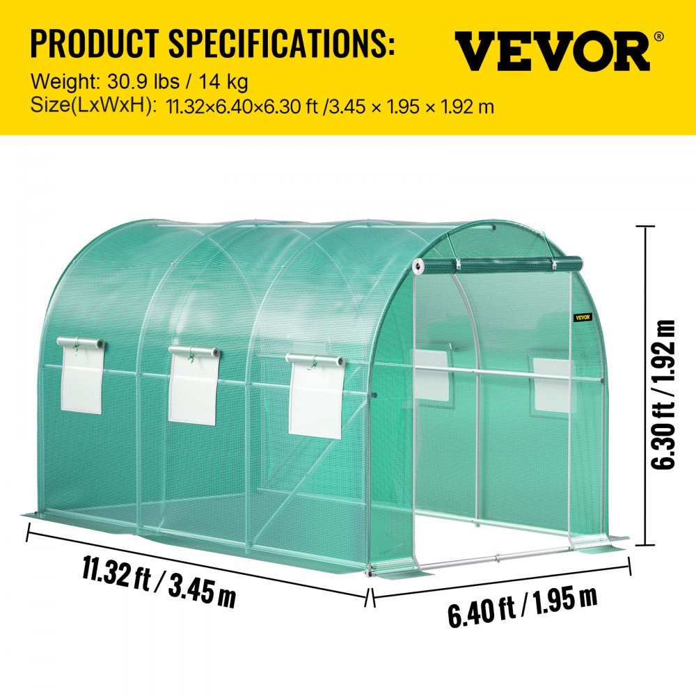 VEVOR Foliengewächshaus 3,45x1,95x1,92 m Bogendach Gewächshaus Verzinkter Stahlrahmen und PE Abdeckung Frühbeet Treibhaus 6 Netzfenster Grün Mobiler Folientunnel Ideal für Anbau von Gemüse Blumen