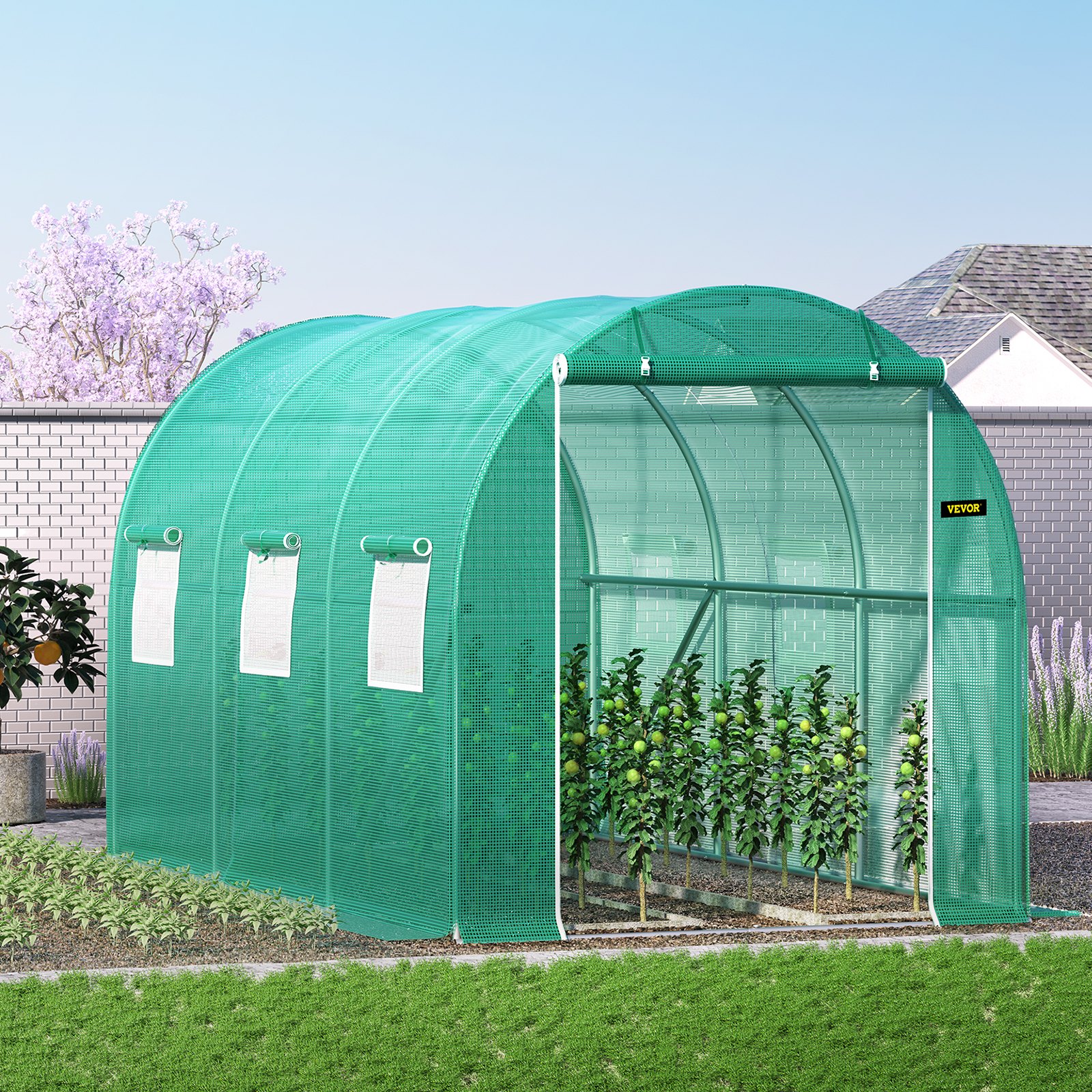 VEVOR Foliengewächshaus 3,5x2x2 m Bogendach Gewächshaus Verzinkter Stahlrahmen und PE Abdeckung Frühbeet Treibhaus 6 Netzfenster Grün Mobiler Folientunnel Ideal für Anbau von Gemüse Blumen