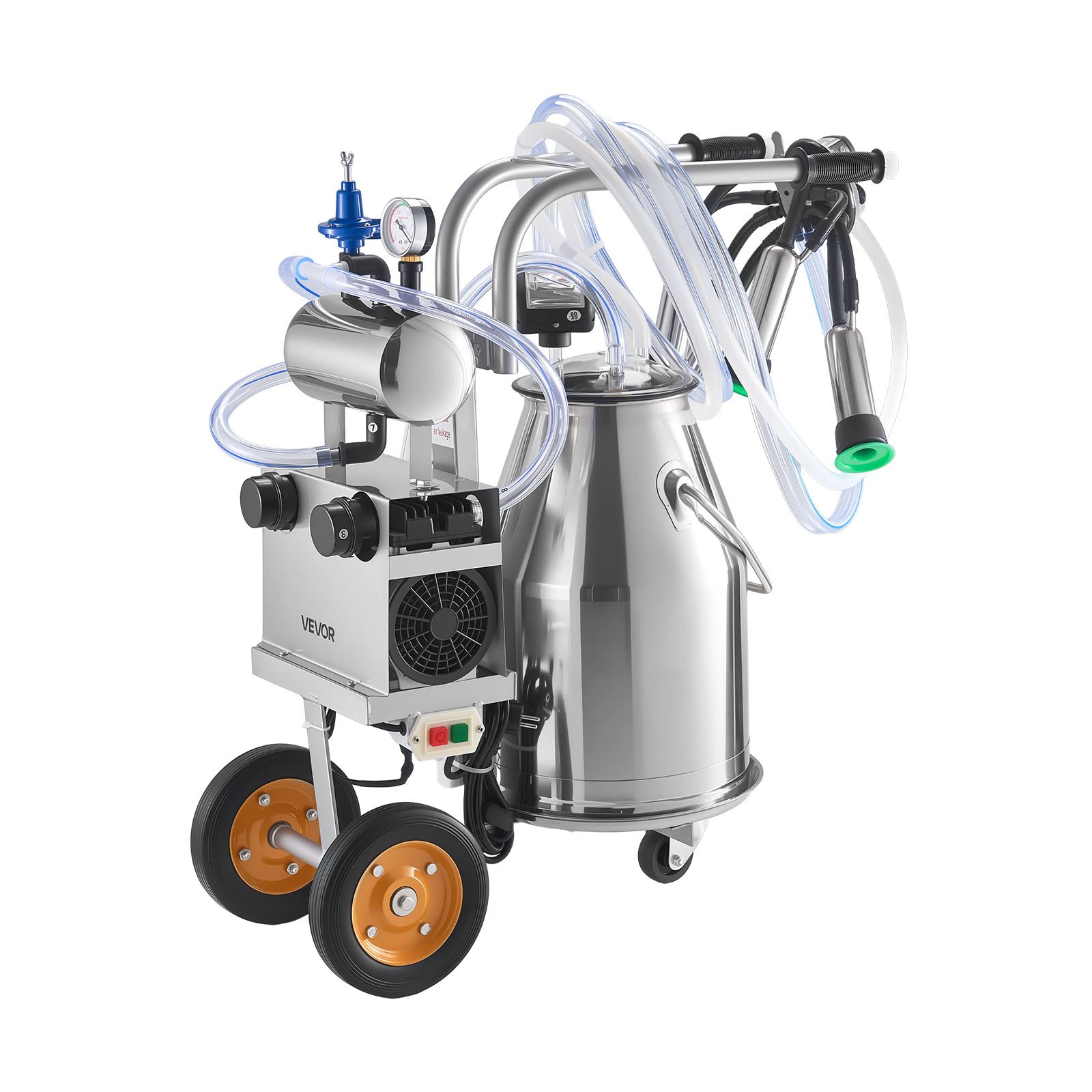 VEVOR Elektrische Melkmaschine, 25-L-Eimer aus Edelstahl 304, Lebensmittelechte Zitzengummis & Silikonschlauch, Starke Saugkraft, Vakuumpulsation, elektrische Melkausrüstung mit Rädern für Kühe