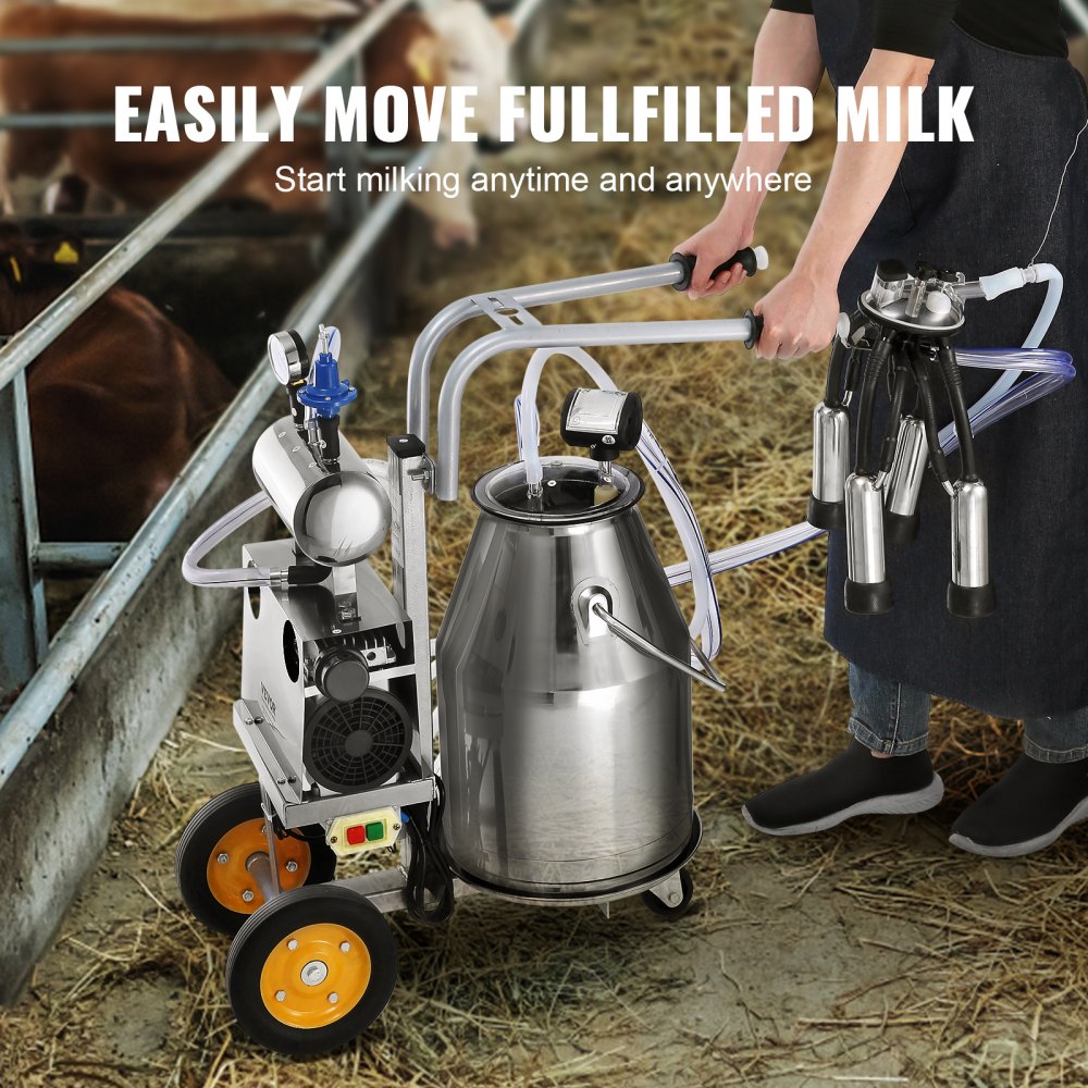 VEVOR Elektrische Kuh-Melkmaschine, 6,6 Gal / 25 L 304 Edelstahl Eimer, automatische Pulsation Vakuum Melker, tragbare Melker mit Lebensmittel-Silikon-Becher und Schläuche, einstellbarer Druck