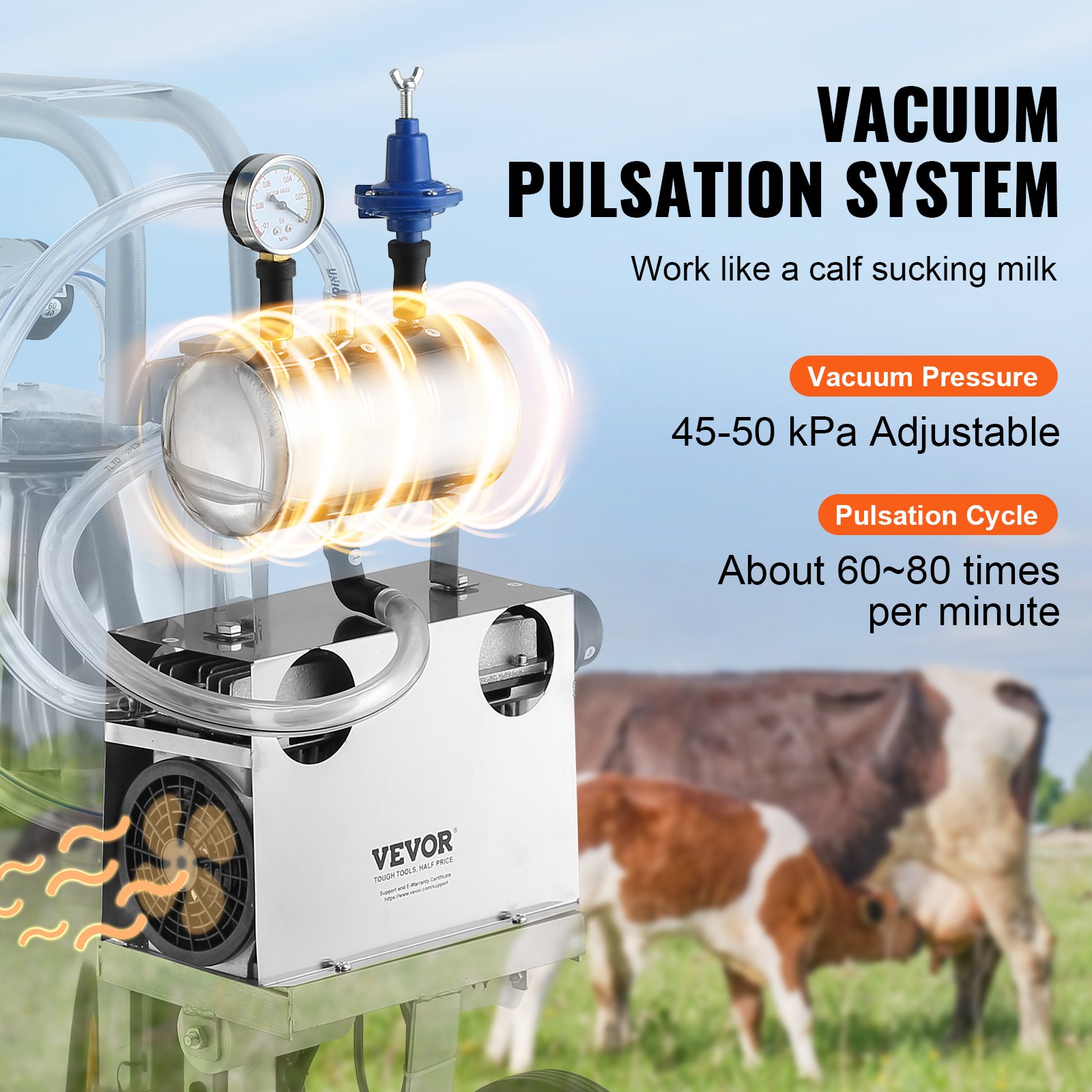 VEVOR Electric Cow Milking Machine, 6.6 Gal / 25 L 304 Stainless Steel Bucket, Automatic Pulsation Vacuum Milker, Portable Milker with Food-Grade Silicone Cups and Hoses, Adjustable Pressure