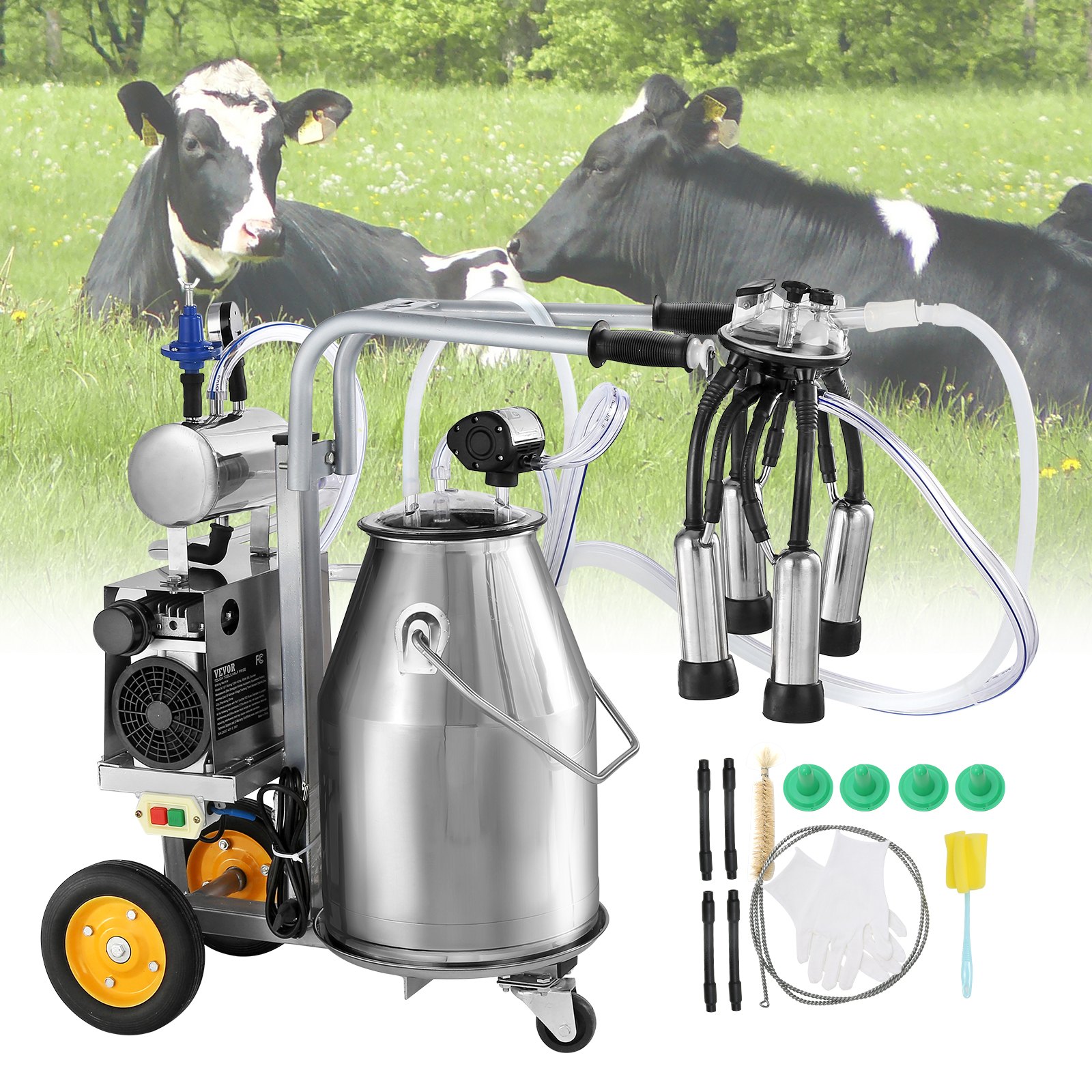 VEVOR Electric Cow Milking Machine, 6.6 Gal / 25 L 304 Stainless Steel Bucket, Automatic Pulsation Vacuum Milker, Portable Milker with Food-Grade Silicone Cups and Hoses, Adjustable Pressure