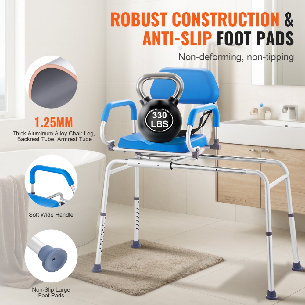 VEVOR sliding bath transfer bench with 360-degree swivel seat, sliding shower chair with swivel armrests, padded seat and safety belt, height-adjustable bath chair for elderly people with disabilities, 150 kg