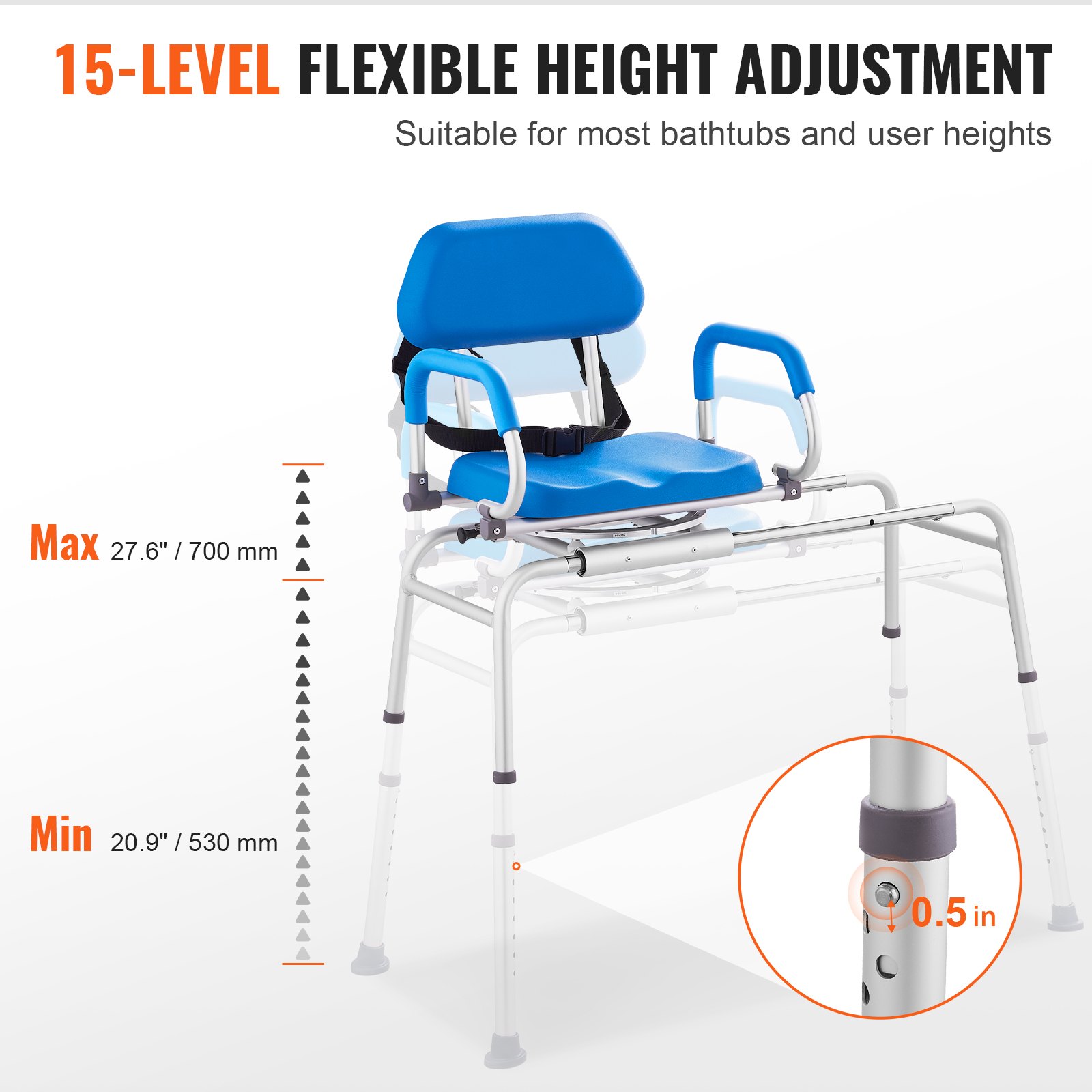 VEVOR sliding bath transfer bench with 360-degree swivel seat, sliding shower chair with swivel armrests, padded seat and safety belt, height-adjustable bath chair for elderly people with disabilities, 150 kg