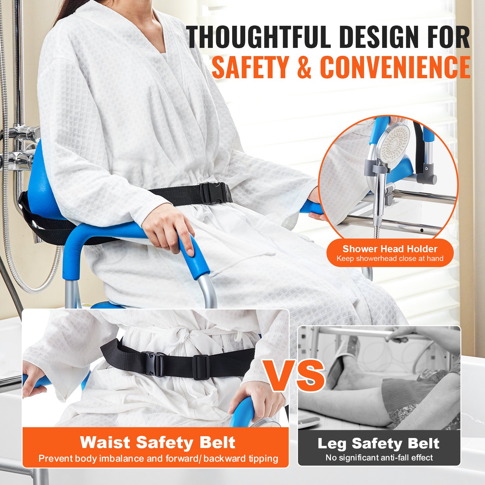 VEVOR sliding bath transfer bench with 360-degree swivel seat, sliding shower chair with swivel armrests, padded seat and safety belt, height-adjustable bath chair for elderly people with disabilities, 150 kg