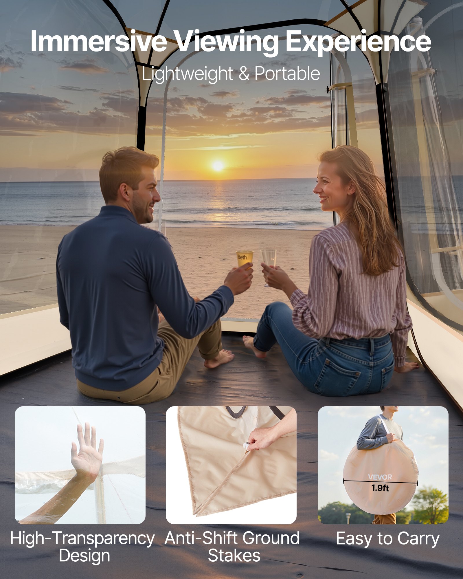 VEVOR Transparentes Zelt, 127x127x170 cm, Pop-up-Zelt für 1–2 Personen, Sportzelt mit Bodenmatte & oberer Abdeckung, Outdoor-Bubble-Zelt, Campingunterstand für Veranstaltungen, Angeln, Jubeln