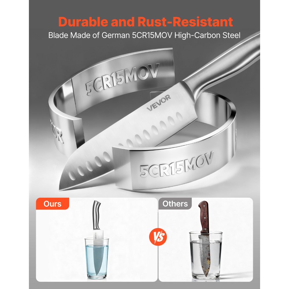 VEVOR Küchenmesserset mit Messerblock (Holz) & Wetzstahl, 15-tlg. Messerset aus scharfen Messern aus hochkohlenstoffhaltigem Edelstahl, Küchenbesteck mit ergonomischem Griff, für Hobbyköche