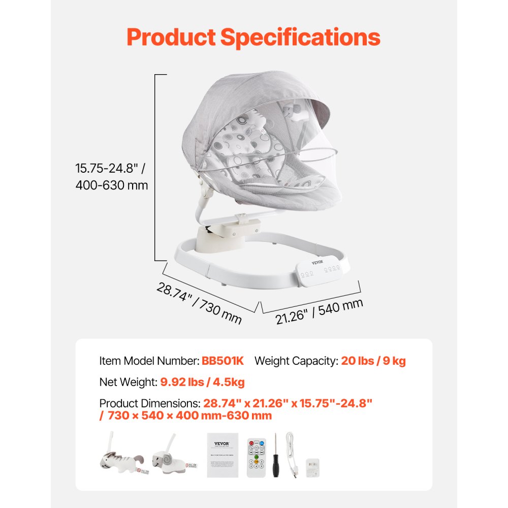 VEVOR Babyschaukel, Babywippe mit 3 Geschwindigkeiten & 3 Sitzpositionen, IMD-Touchpanel, Fernbedienung, Bluetooth & 10 voreingestellten Liedern, für Kinder im Alter von 0–9 Monaten bis zu 9 kg