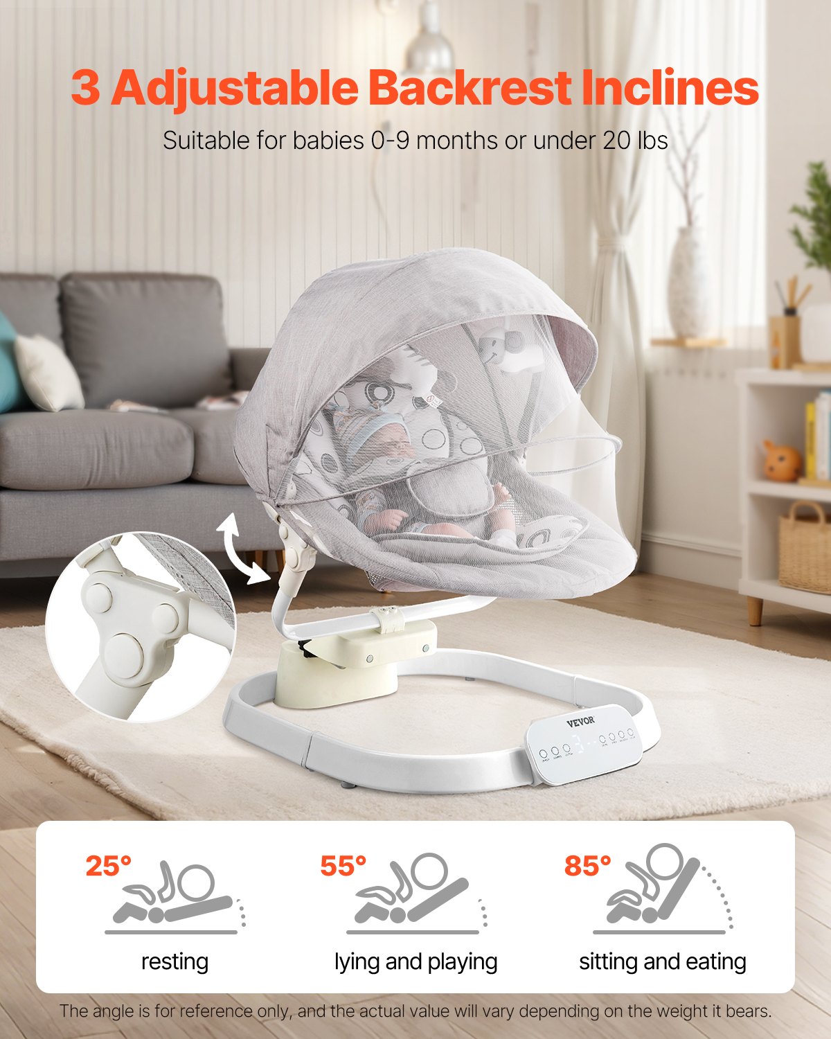 VEVOR Babyschaukel, Babywippe mit 3 Geschwindigkeiten & 3 Sitzpositionen, IMD-Touchpanel, Fernbedienung, Bluetooth & 10 voreingestellten Liedern, für Kinder im Alter von 0–9 Monaten bis zu 9 kg