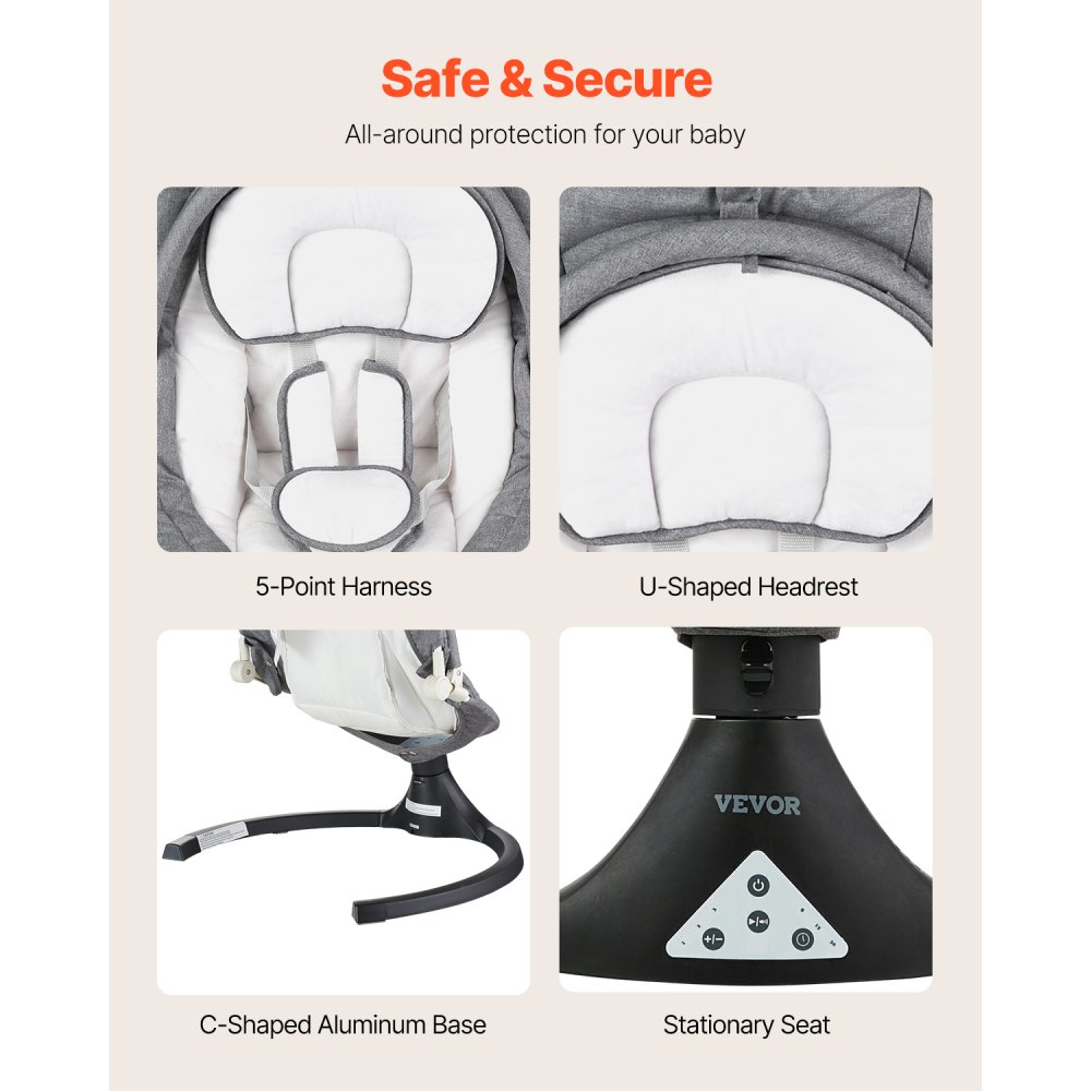 VEVOR Babyschaukel, 5-Gang-Babywippe mit 3 Sitzpositionen, Babyliege mit PVC-Touchpanel, Fernbedienung, Bluetooth, 10 Liedern & Spielzeugbügel für Kinder im Alter von 0–9 Monaten/0–9 kg