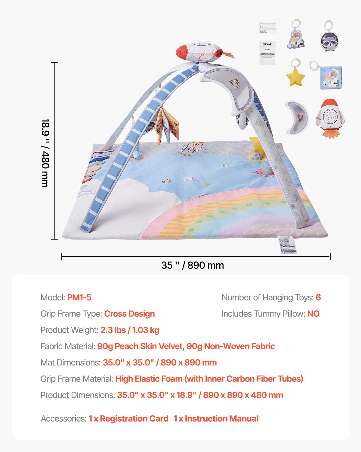VEVOR Spielmatte 89x89x48cm, Erlebnisdecke mit 6 sensorischen Spielzeugen, leuchtendem Musikraketenspielzeug, für Kinder im Alter von 0–18 Monaten, zur Entwicklung sensorischer & motorischer Fähigkeit