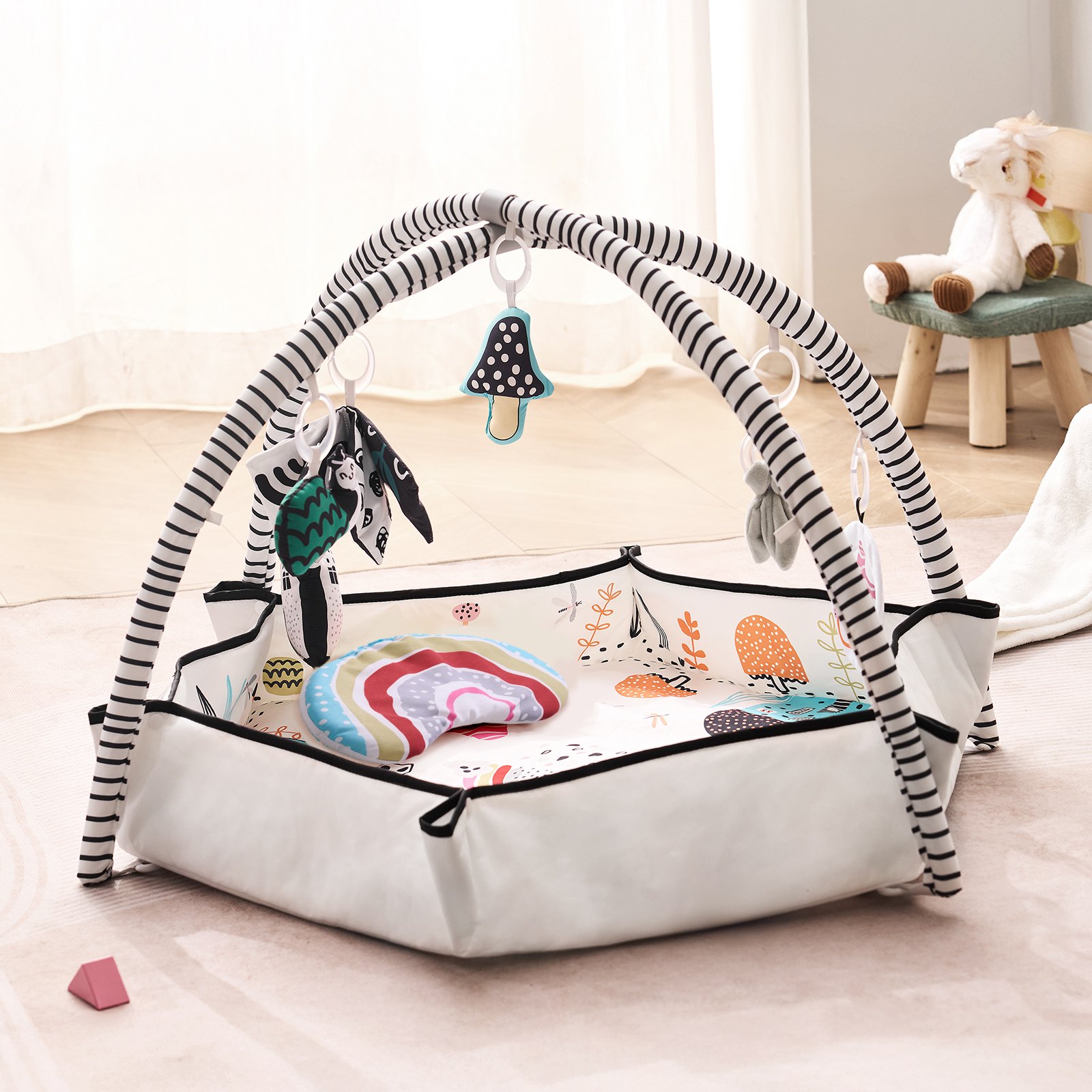 VEVOR Spielmatte 1060x1060x555 mm, Erlebnisdecke mit 6 abnehmbaren sensorischen Spielzeugen, mit hochklappbaren Seiten & weichem Stoff zur Entwicklung sensorischer & motorischer Fähigkeiten