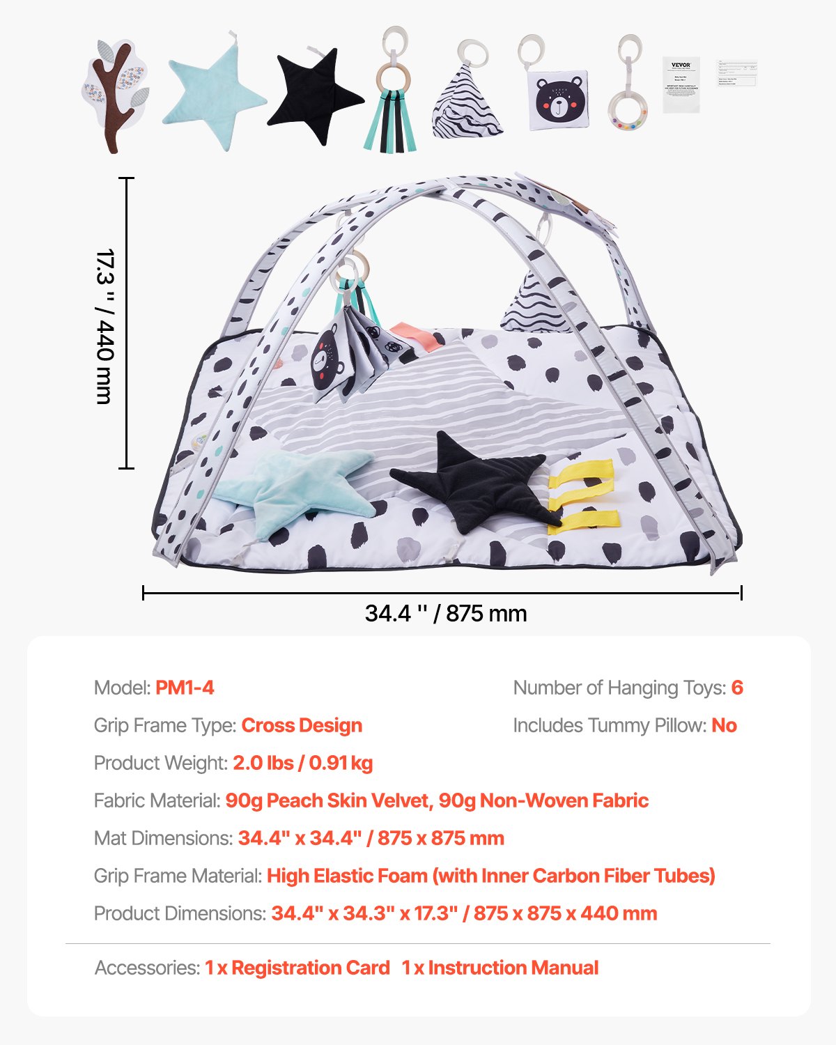 VEVOR Spielmatte 875x875x440 mm, Erlebnisdecke mit 6 sensorischen Spielzeugen, 2 Touch-Bällen & weichem Stoff zur Entwicklung sensorischer & motorischer Fähigkeiten, für 0–18 Monaten Kinder