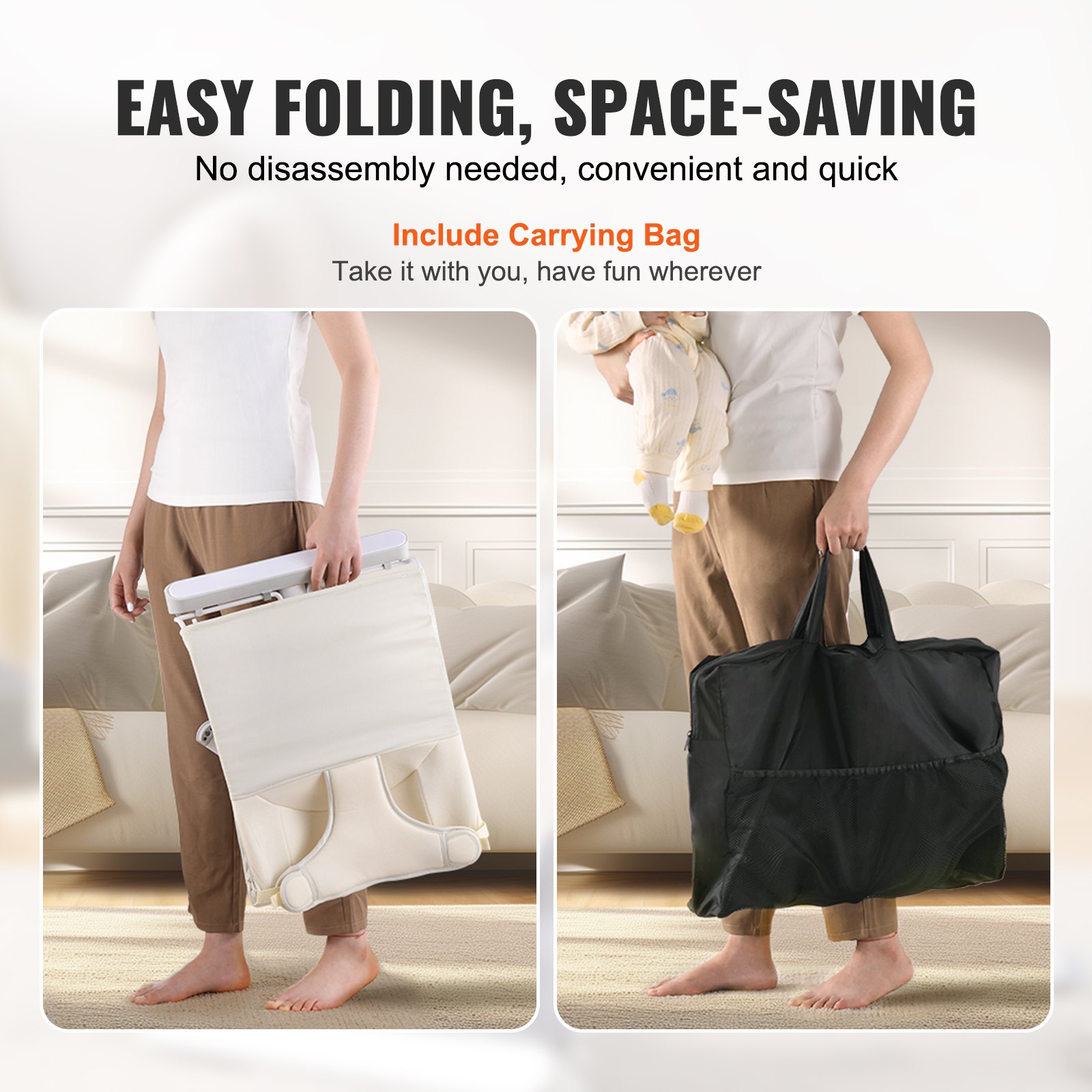 VEVOR Babywippe, klappbarer Wippensitz für Babys von 0–9 Monaten, Wippenstuhl mit 2 Liegewinkeln & drehbarem Spielzeugbügel, Babyschaukel mit Reisetasche für drinnen & draußen, 685x410x600mm Beige